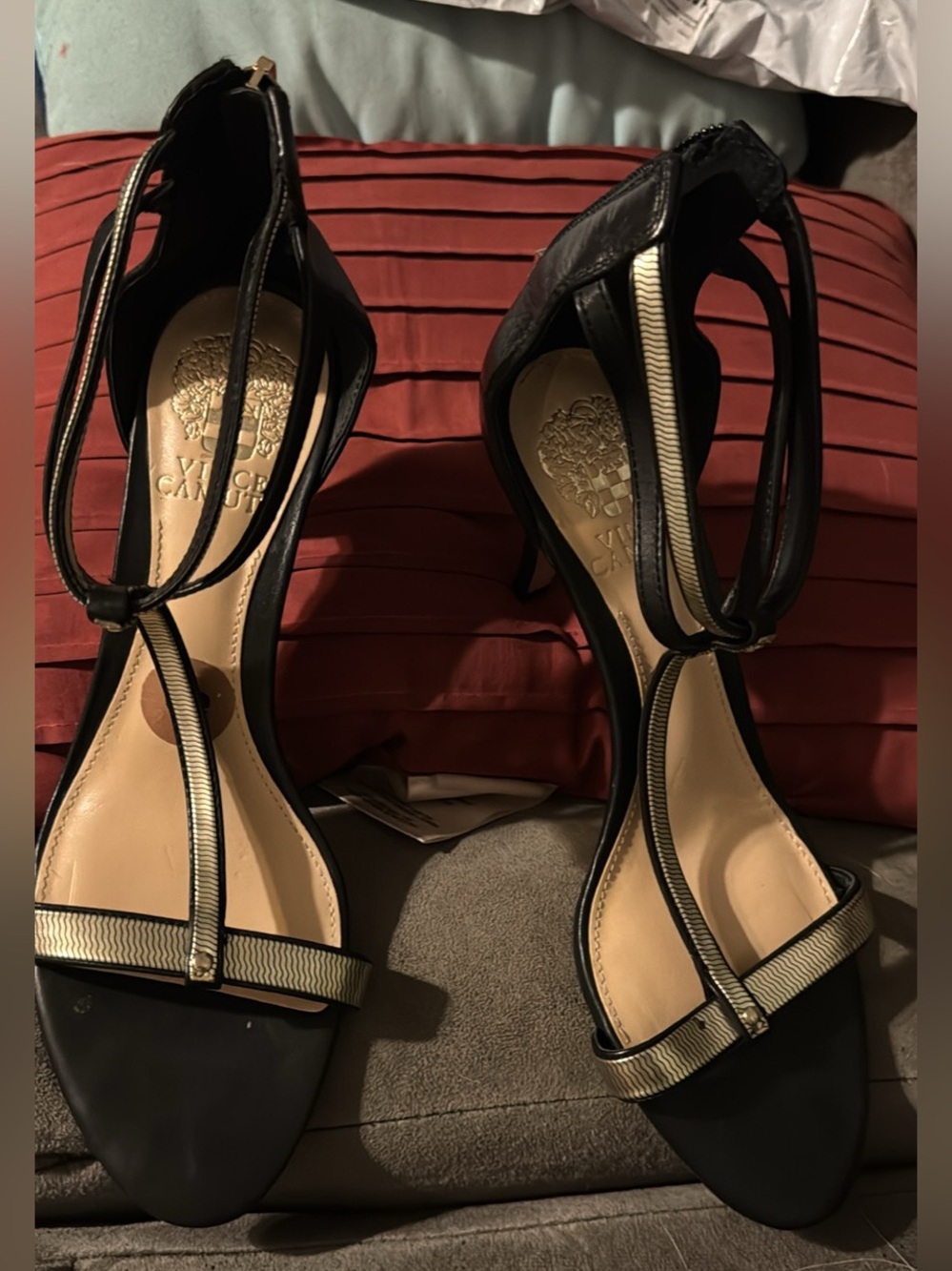 Vince Camuto Black T-Strap Heels with Cream Trim